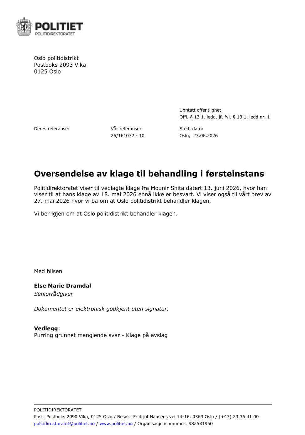 Police Directorate letter ordering Oslo Police to handle the complaint
